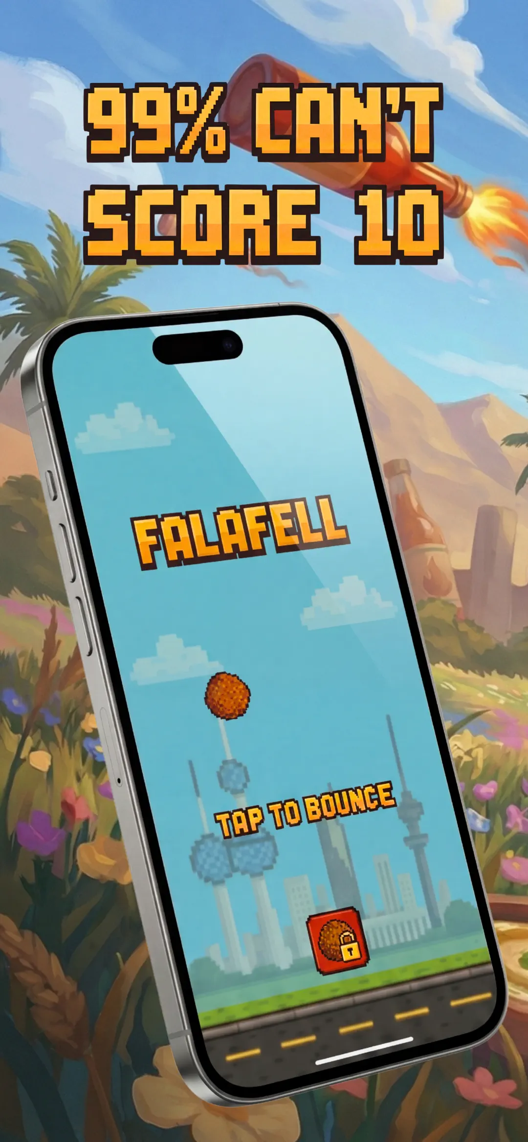 Falafell title screen: a pixel falafel over the Kuwait skyline, reading tap to bounce